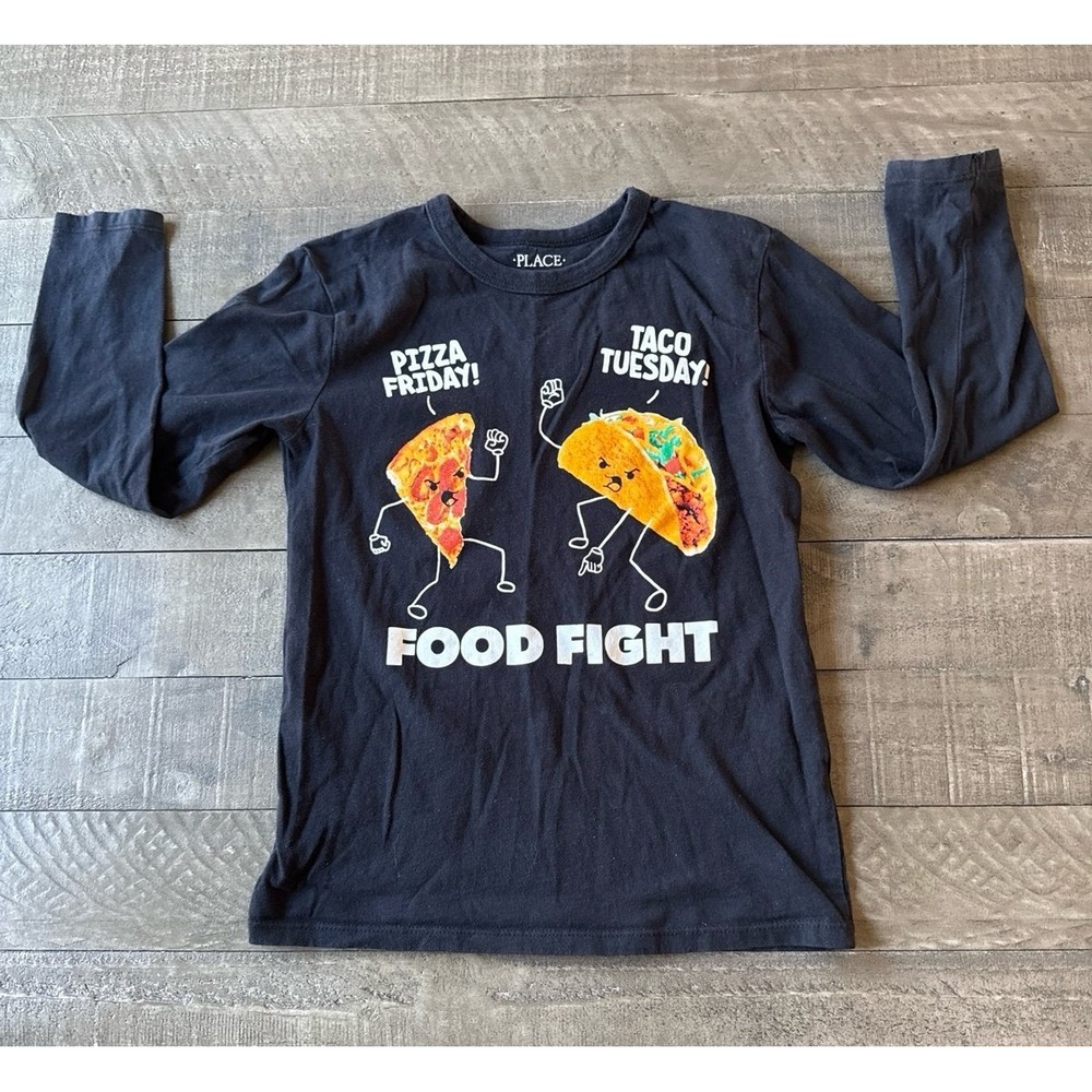 Children's place Boys Black "food fight" tacos vs pizza long sleeve tee size 7/8